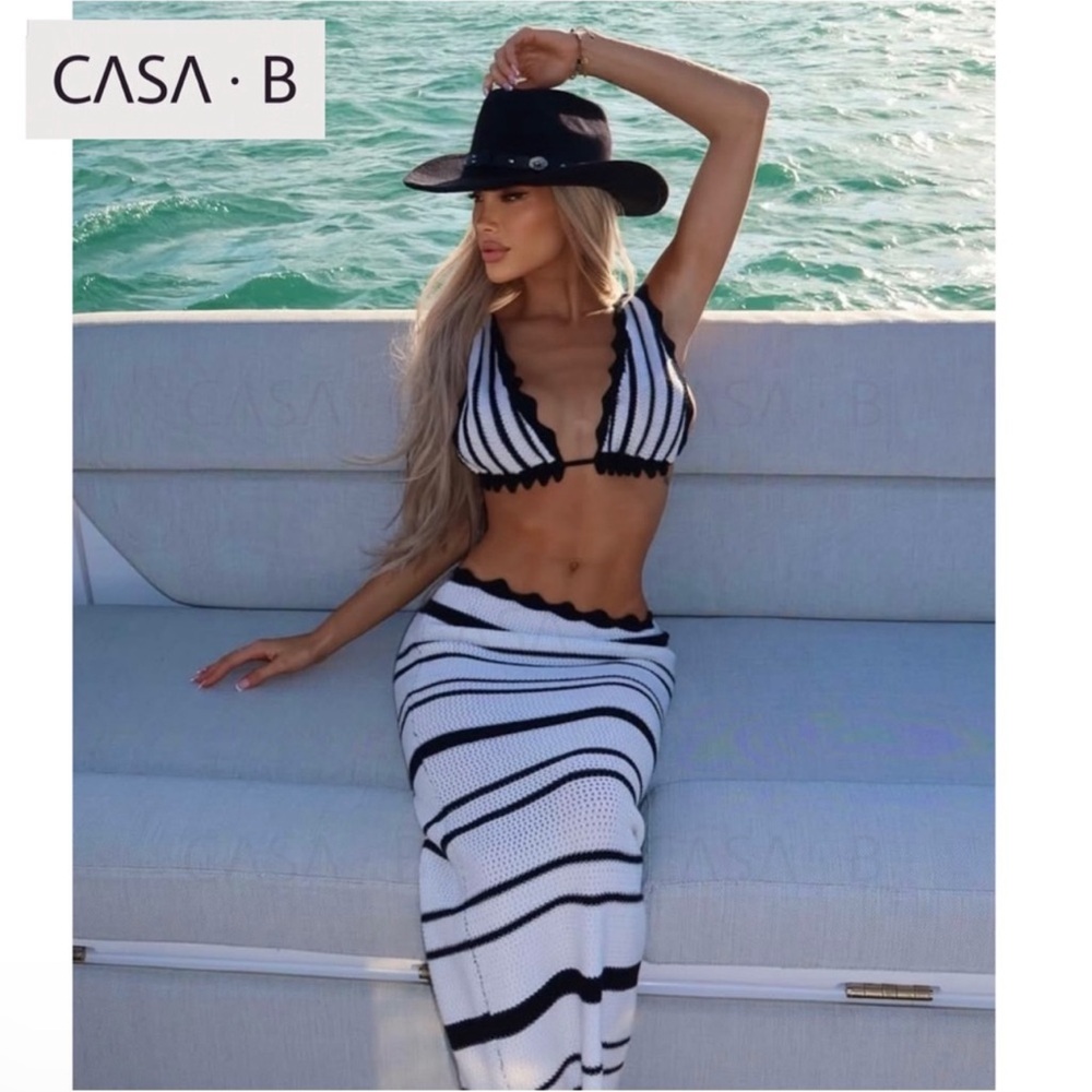 5⭐️CASA B | Mirabella Halter Triangle Top & Midi Skirt Knit Set — Black & White